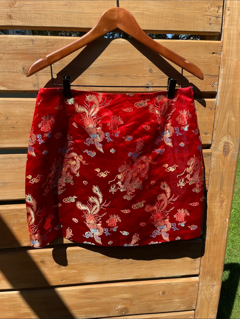 Red Brocade Mini Skirt with Embroidered Oriental Motif